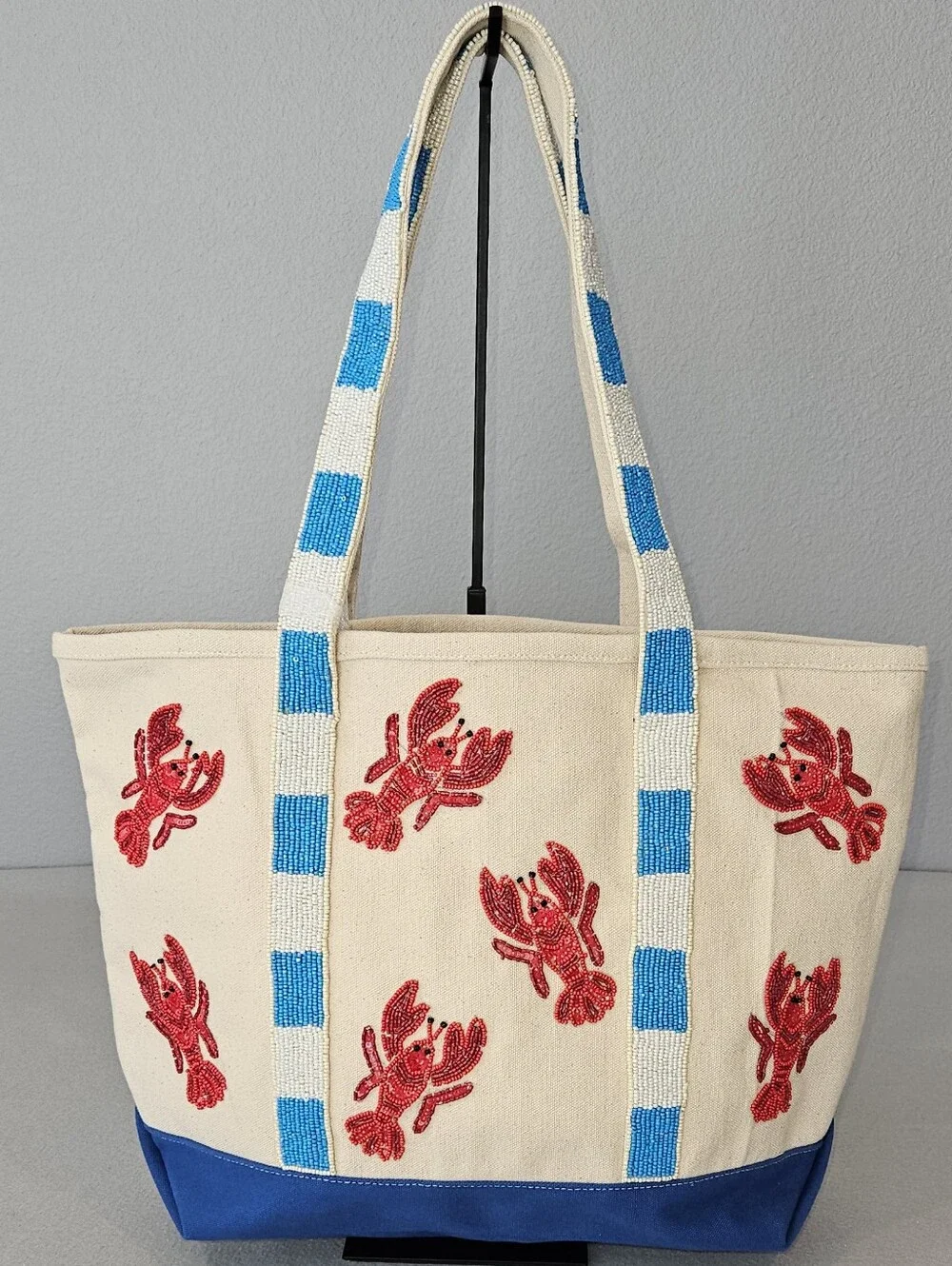 NWT Handcrafted in India Beaded Lobster Canvas Tote –Viral Coastal Statement Bag